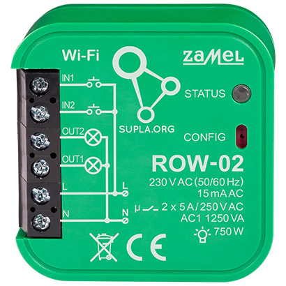 INTERRUPTOR INTELIGENTE ROW 02 Wi Fi SUPLA 230 V AC ZAMEL